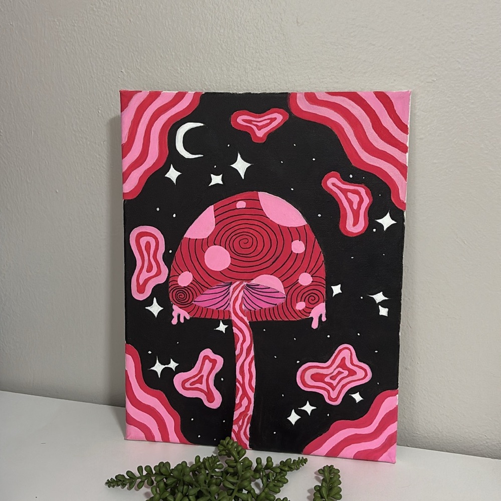 Pink and Black Abstract Mushroom Art